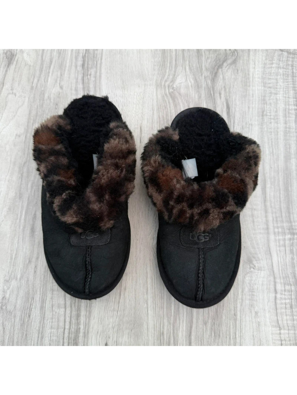 UGG Coquette Leopard Shearling Slippers Black Women’s Size 5